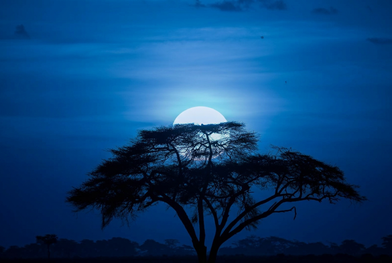 Lone acacia tree at sunset on the Tanzanian savanna